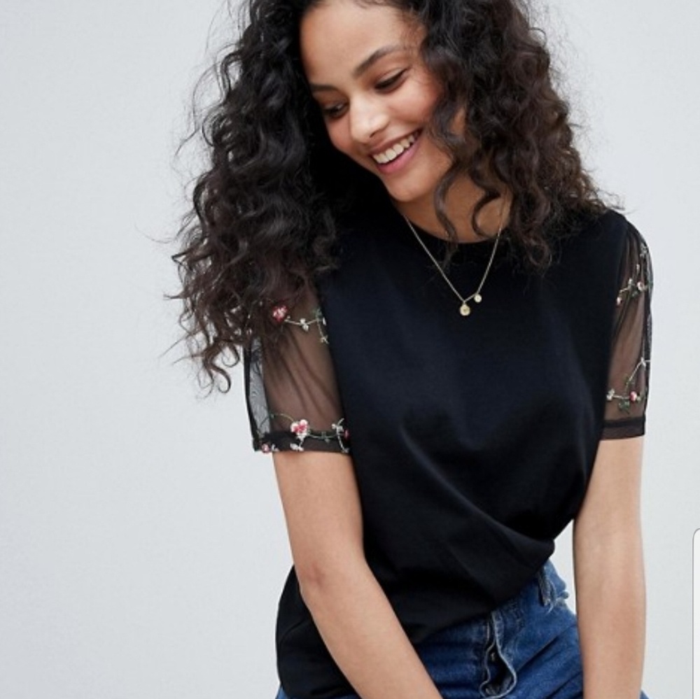 Black tee with a floral print mesh short sleeve